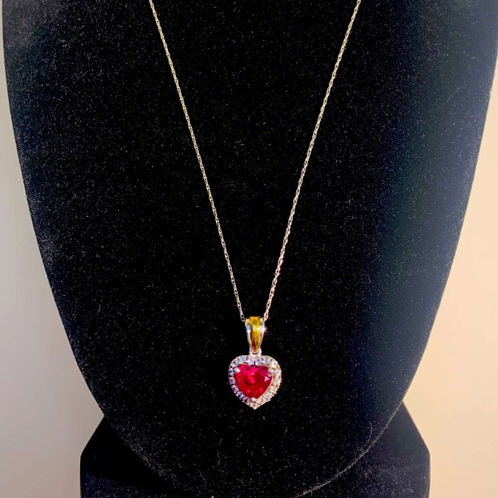 Heart Shaped Lab-Created Ruby & Diamond Pendant &… - image 3